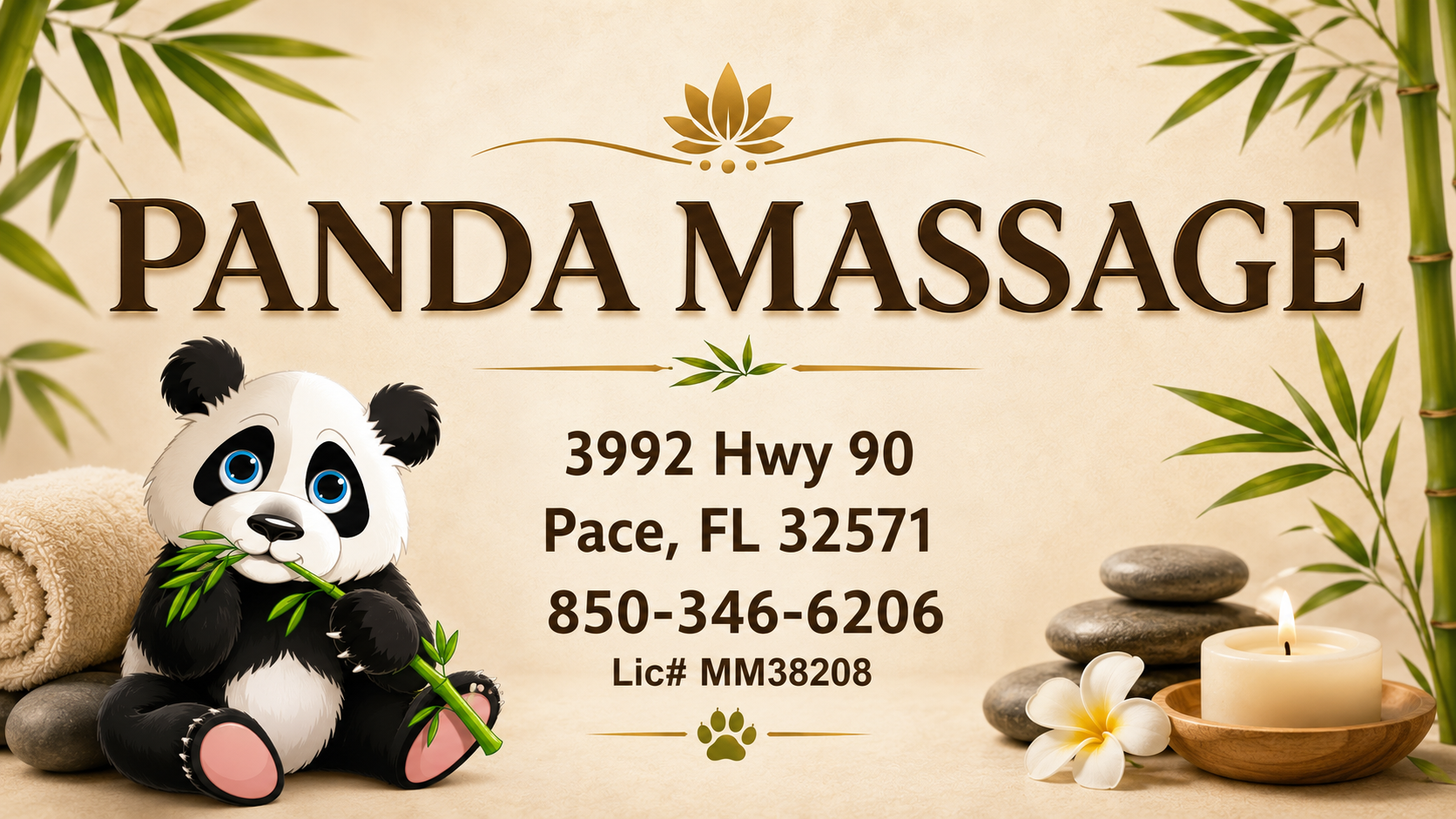 Panda Massage, 3992 Hwy 90, Pace, FL 32571, 850-346-6206, Lic# MM38208
